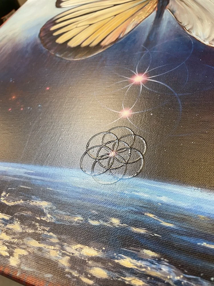 Surreal butterfly ascending above earth Seed of Life Sacred Geometry detail.
