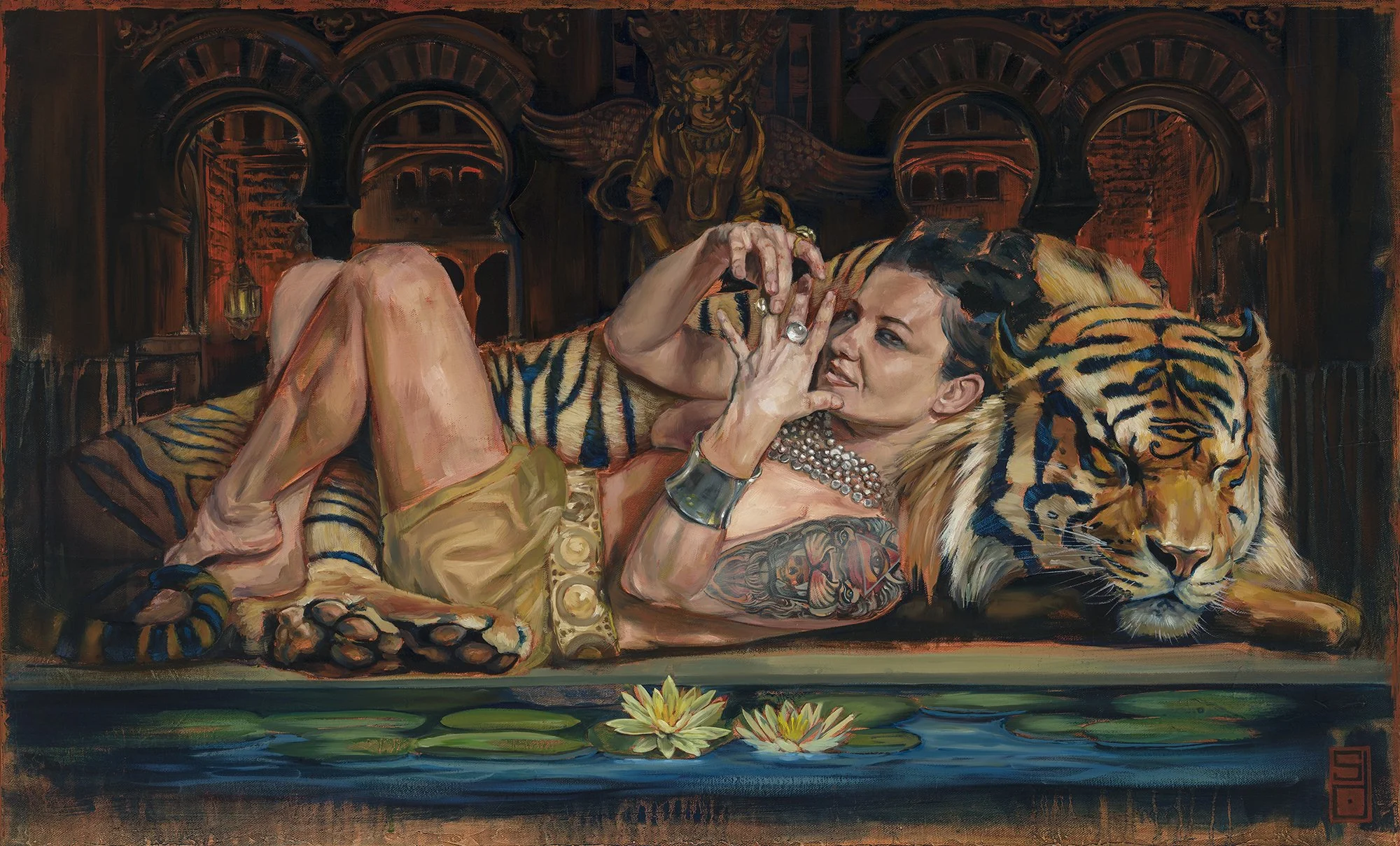 Surreal sexy temptress woman art print with a tiger in an ancient temple.