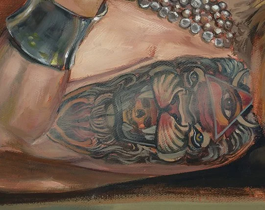 Surreal sexy temptress woman arm tattoo print detail.