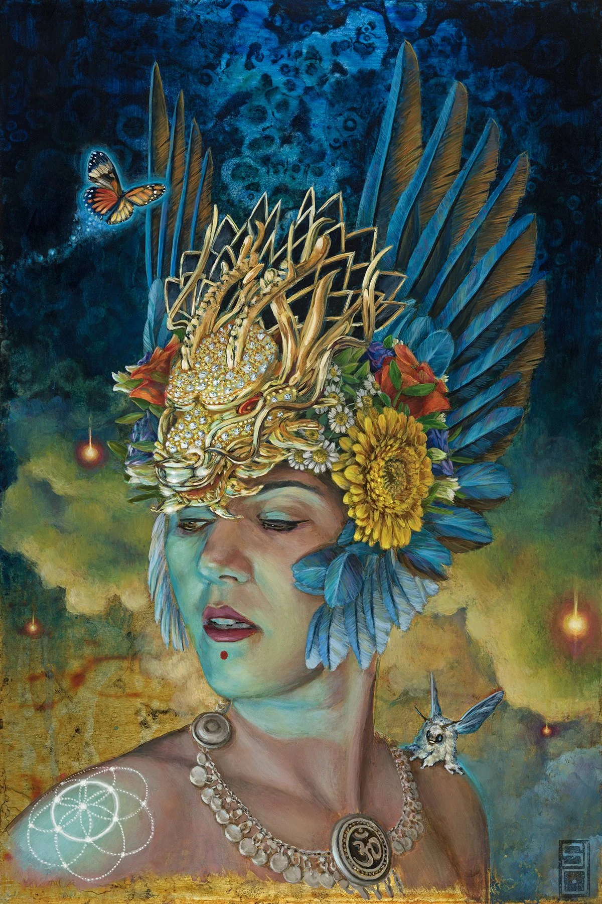 Mystical surreal empress with feathered dragon headdress, moth and Sacred Geometry tattoo aluminum print detail, bringing power and healing to spaces.