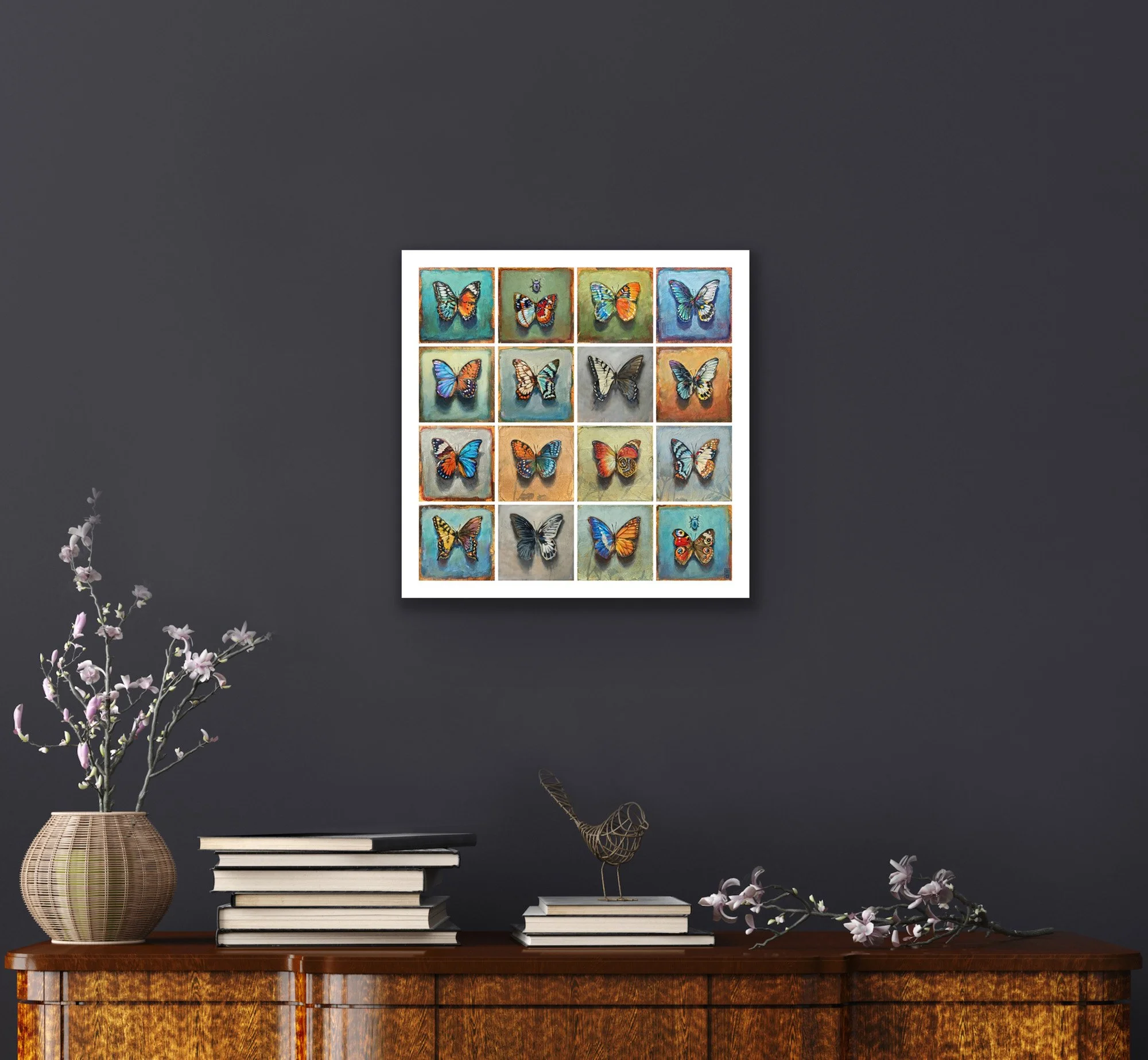Surreal Hybrid Butterfly grid art print promoting transformation and healing decor.