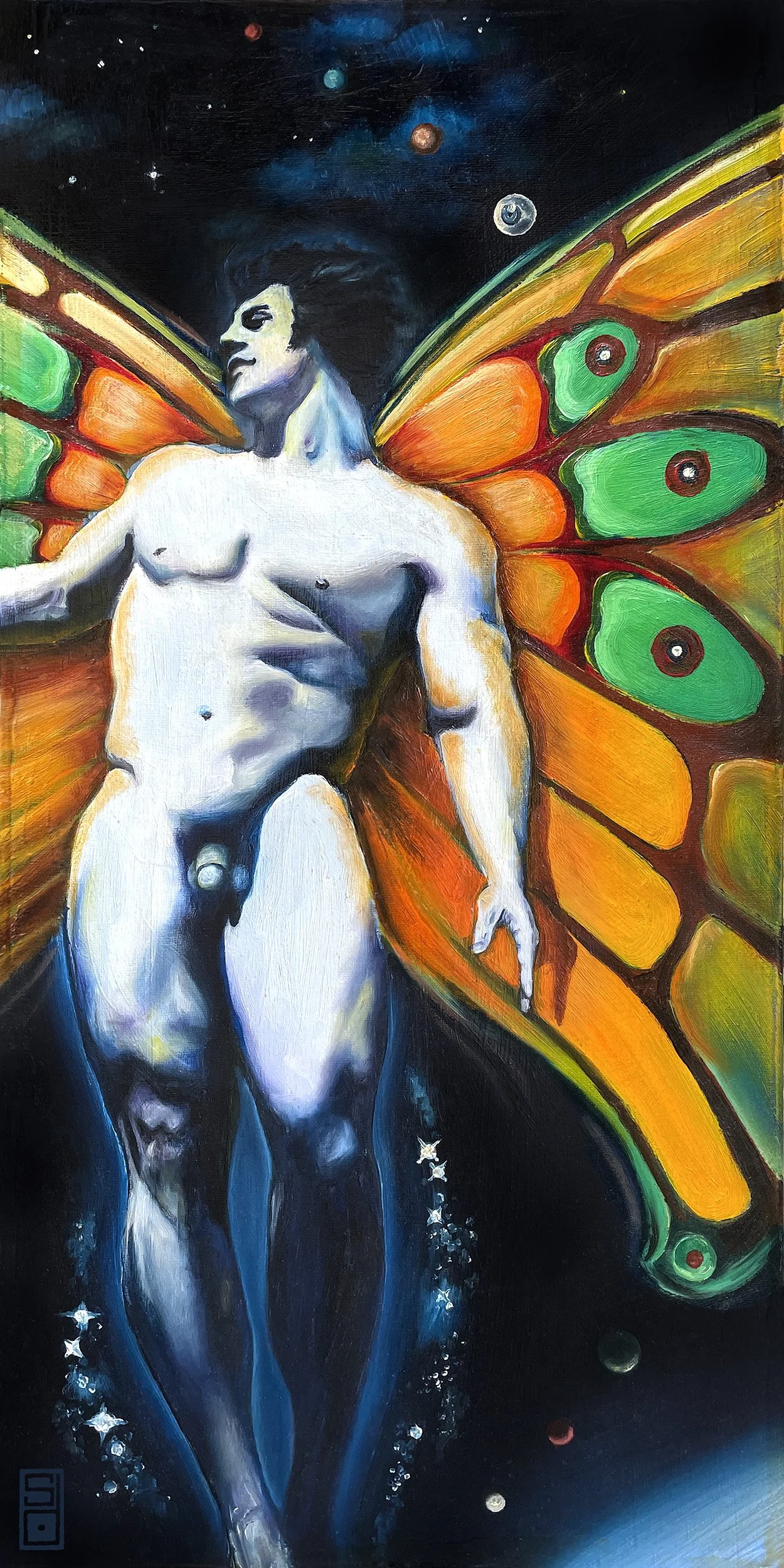 Magical figurative nude butterfly ascending in space art print.