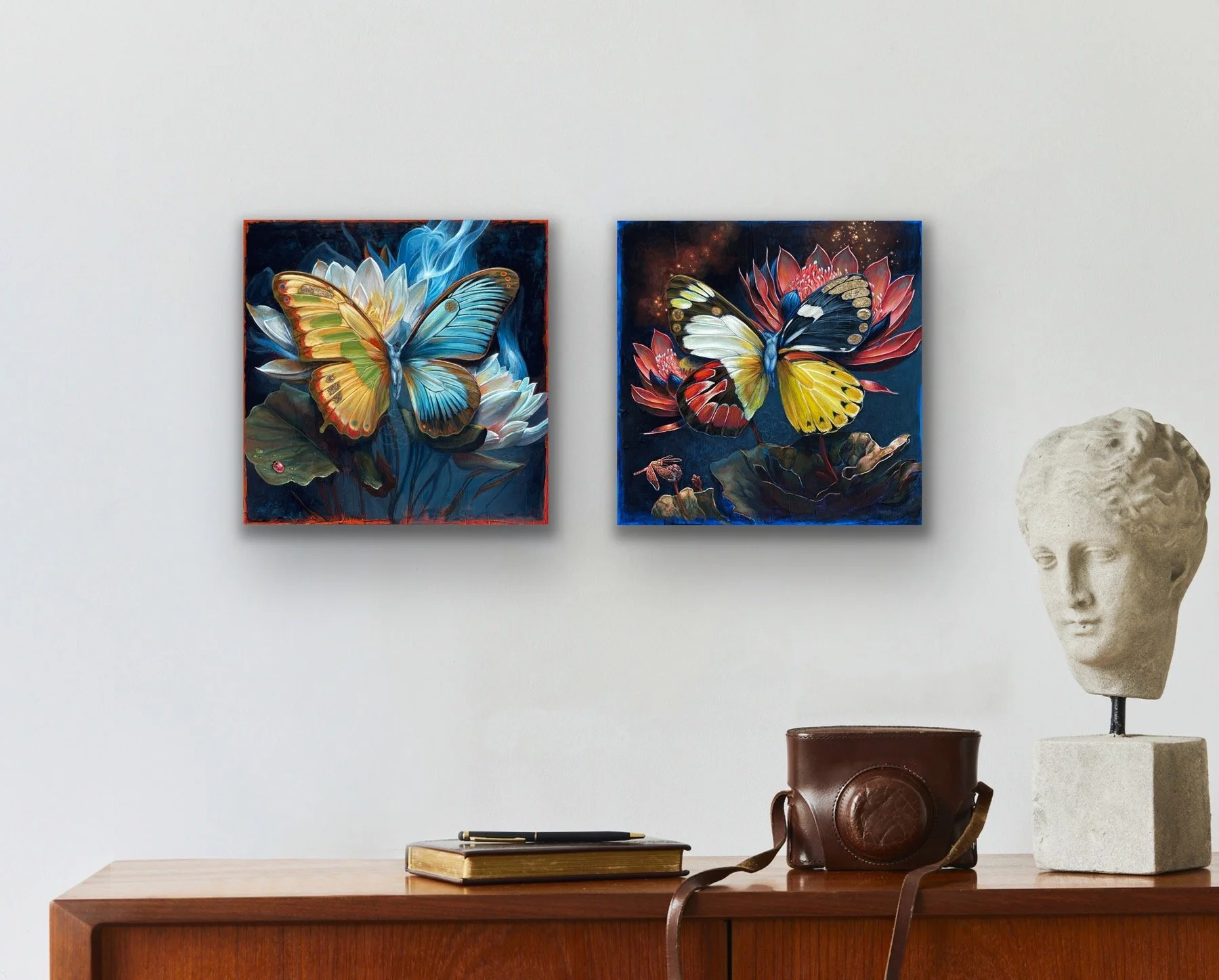 Surreal Mystical Hybrid Butterfly Women with ladybug and dragonfly among lotus flowers decor.
