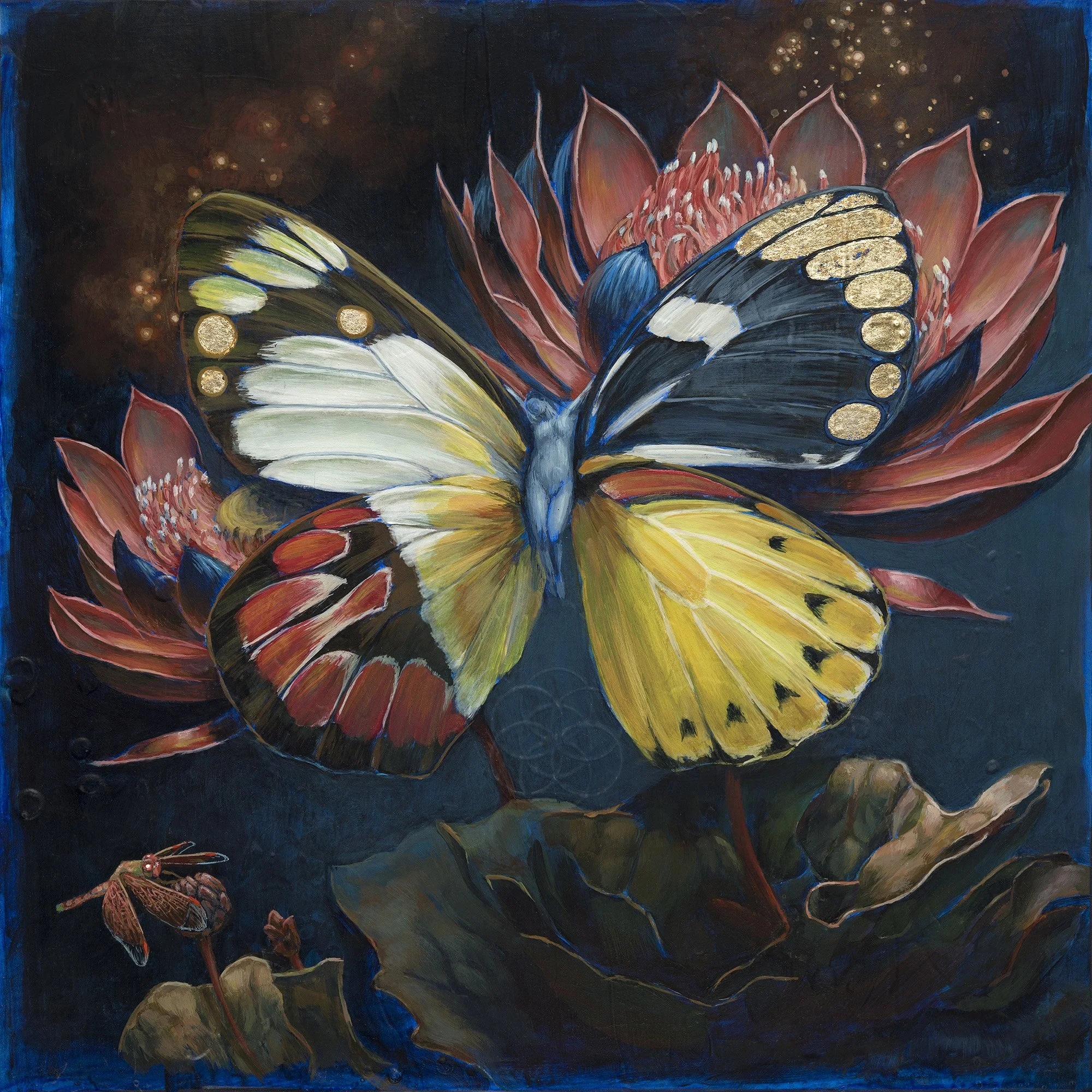 Mystical Surreal Hybrid Butterfly Woman print with dragonfly among lotus flowers.