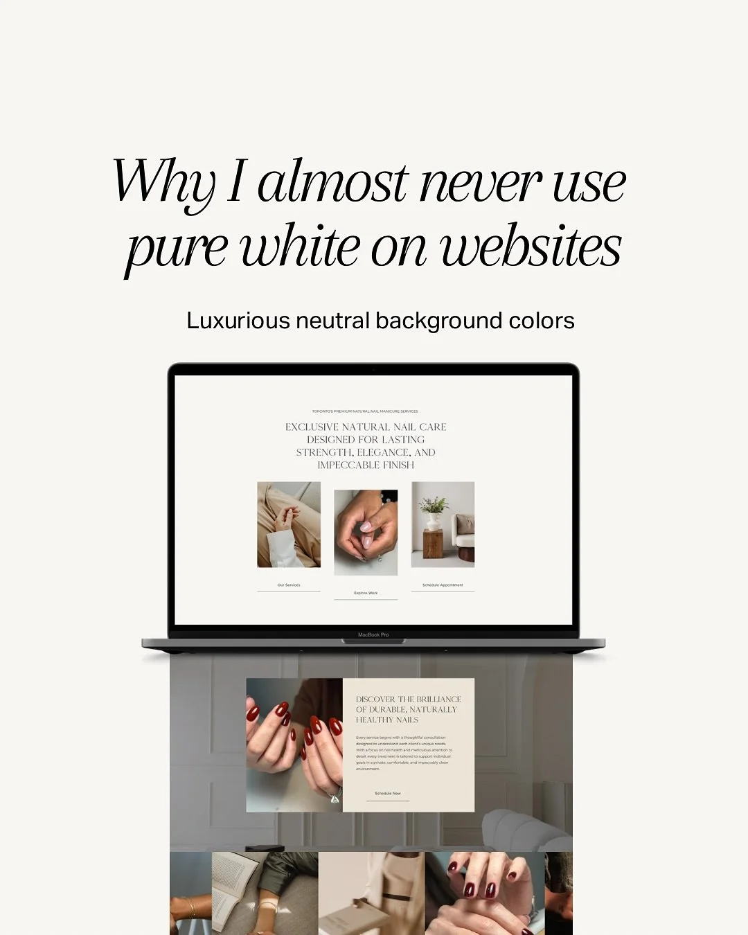 A little design secret I swear by, I almost never use pure white on websites.
White can look sterile and harsh, especially when you want your brand to feel warm, elevated, or approachable. Off-whites make everything look softer, more natural, and mor