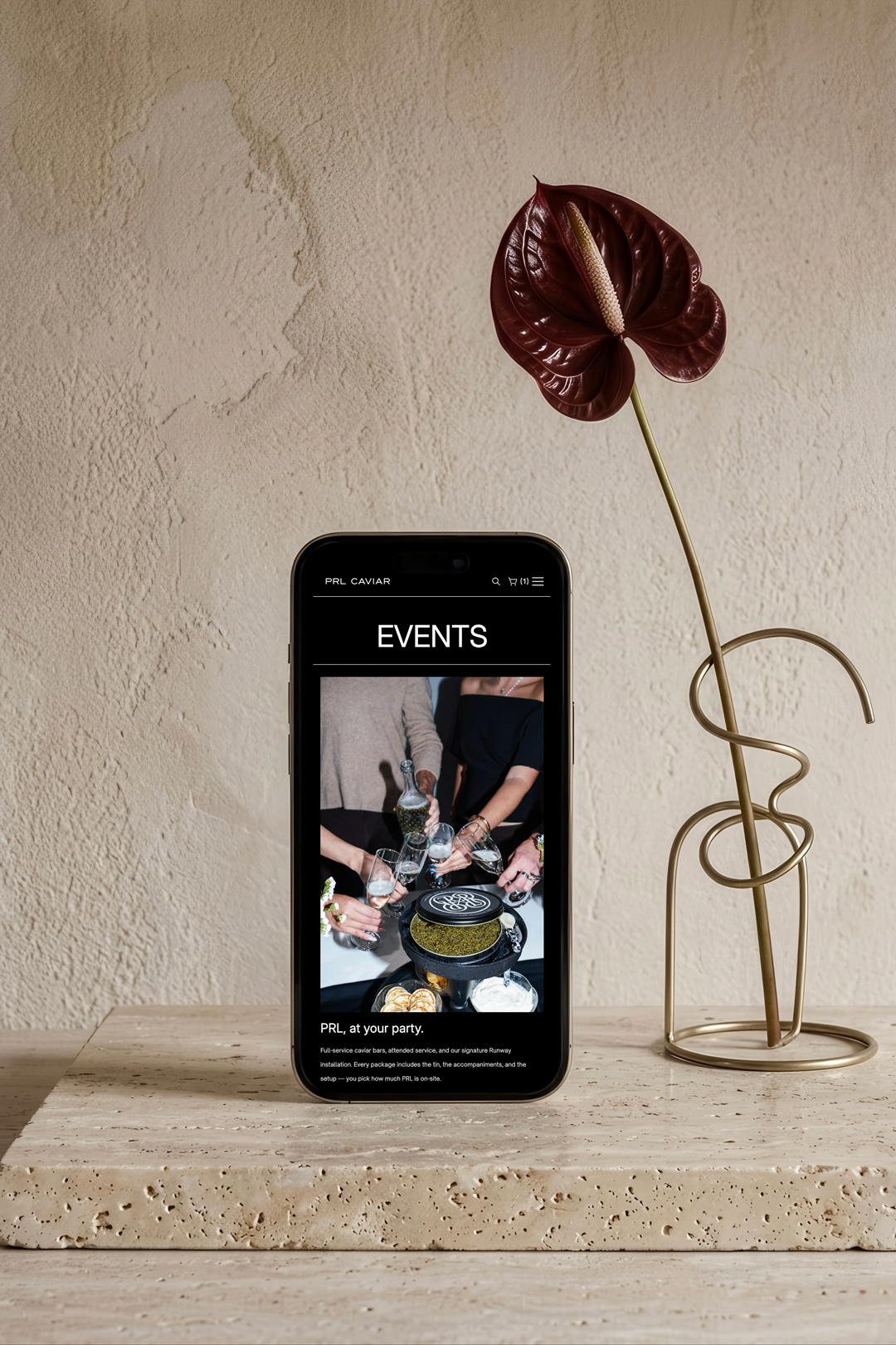 PRL Caviar Events page on mobile featuring a full-service caviar bar with champagne and accompaniments