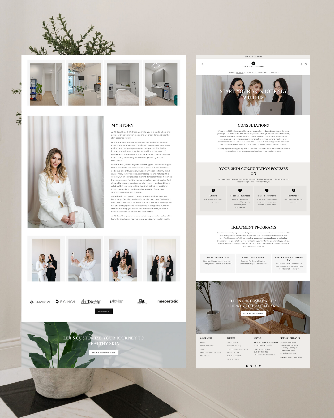 Website for a skin clinic featuring images of the interior, staff, and treatments, along with information about services, consultations, and treatment programs.