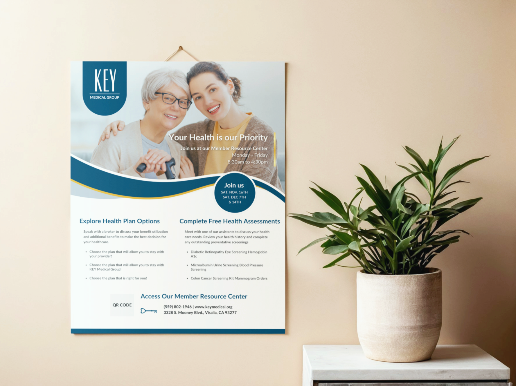 A health care flyer on a beige wall with a woman and a nurse smiling. The flyer promotes health assessments and health plan options, with details on days and times, and a QR code for access. To the right of the flyer, there is a green plant in a beige pot placed on a small white table.