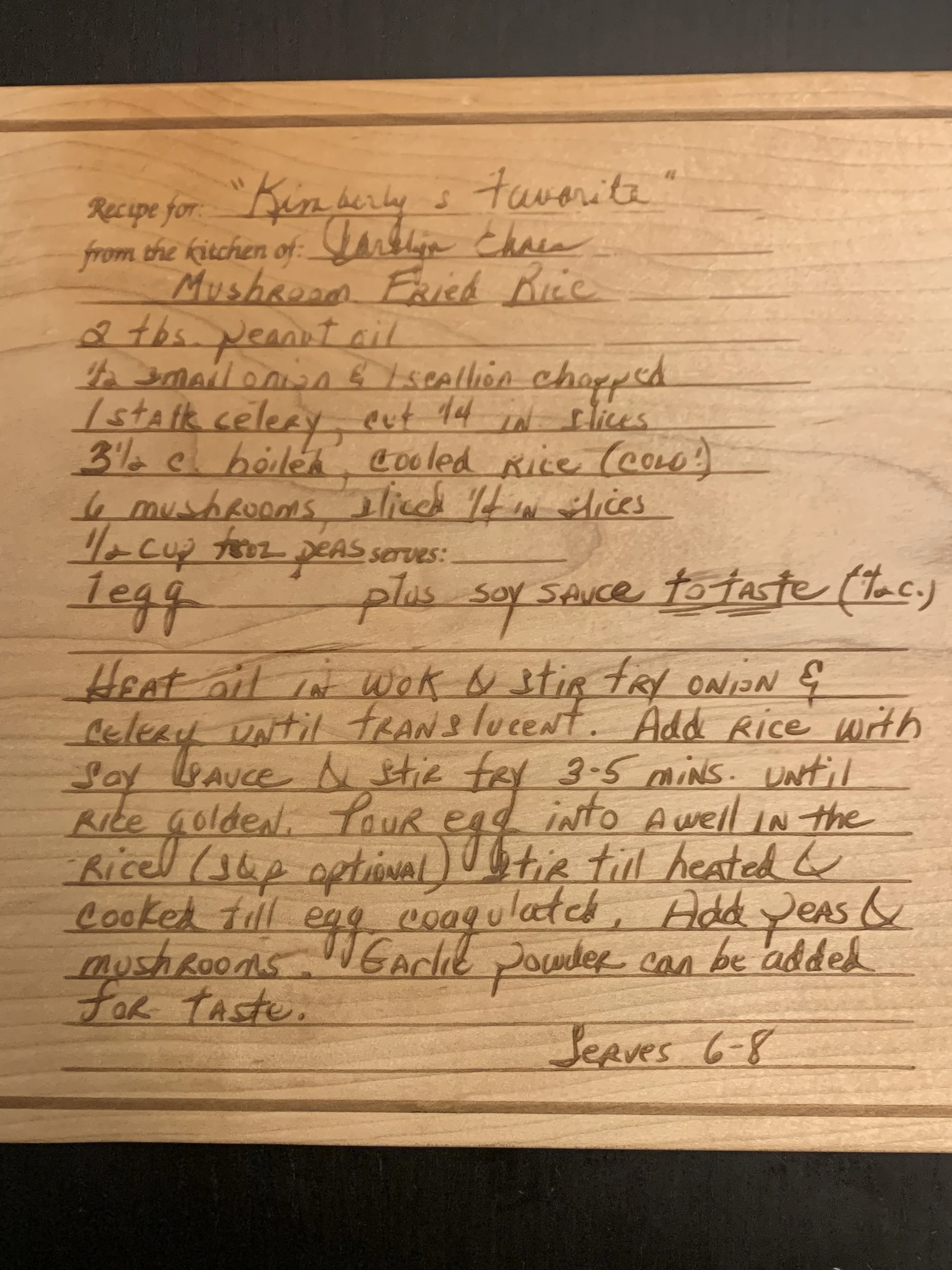 Handwritten family recipe board