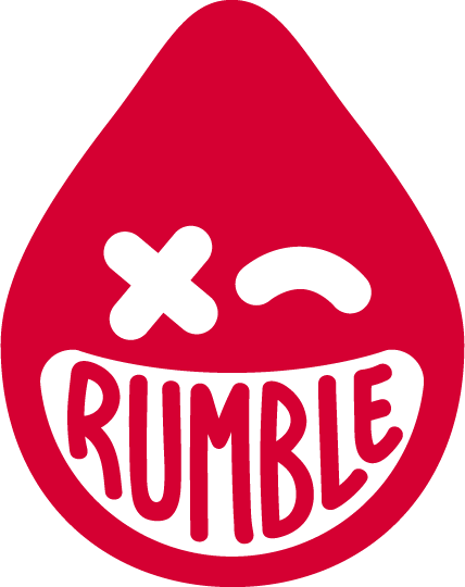 Red teardrop-shaped logo with an eye and a crossed-out eye symbol, and the word "RUMBLE" in bold red letters.