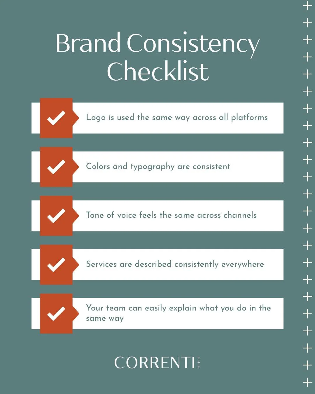 Most brand inconsistencies aren't intentional, but they can be obvious. 

If you're not sure where you stand, here's a quick check. 

Individually, these might seem small, but together, they shape how clear&mdash;and credible&mdash;your brand feels. 
