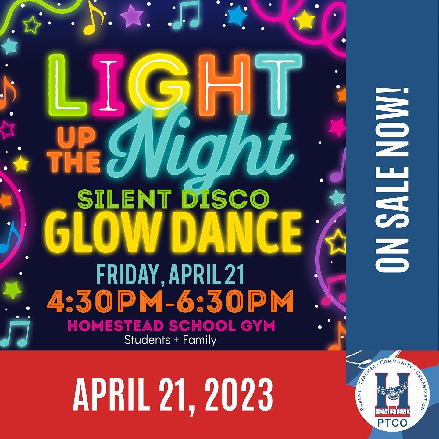 Please join us on Friday, April 21 for Homestead's first-ever Silent Disco Glow Night! 🪩 LINK IN BIO TO PURCHASE! 

Light Up The Night Silent Disco will take place in the Homestead Elementary School gym from 4:30-6:30pm on Friday, April 21. Wear you