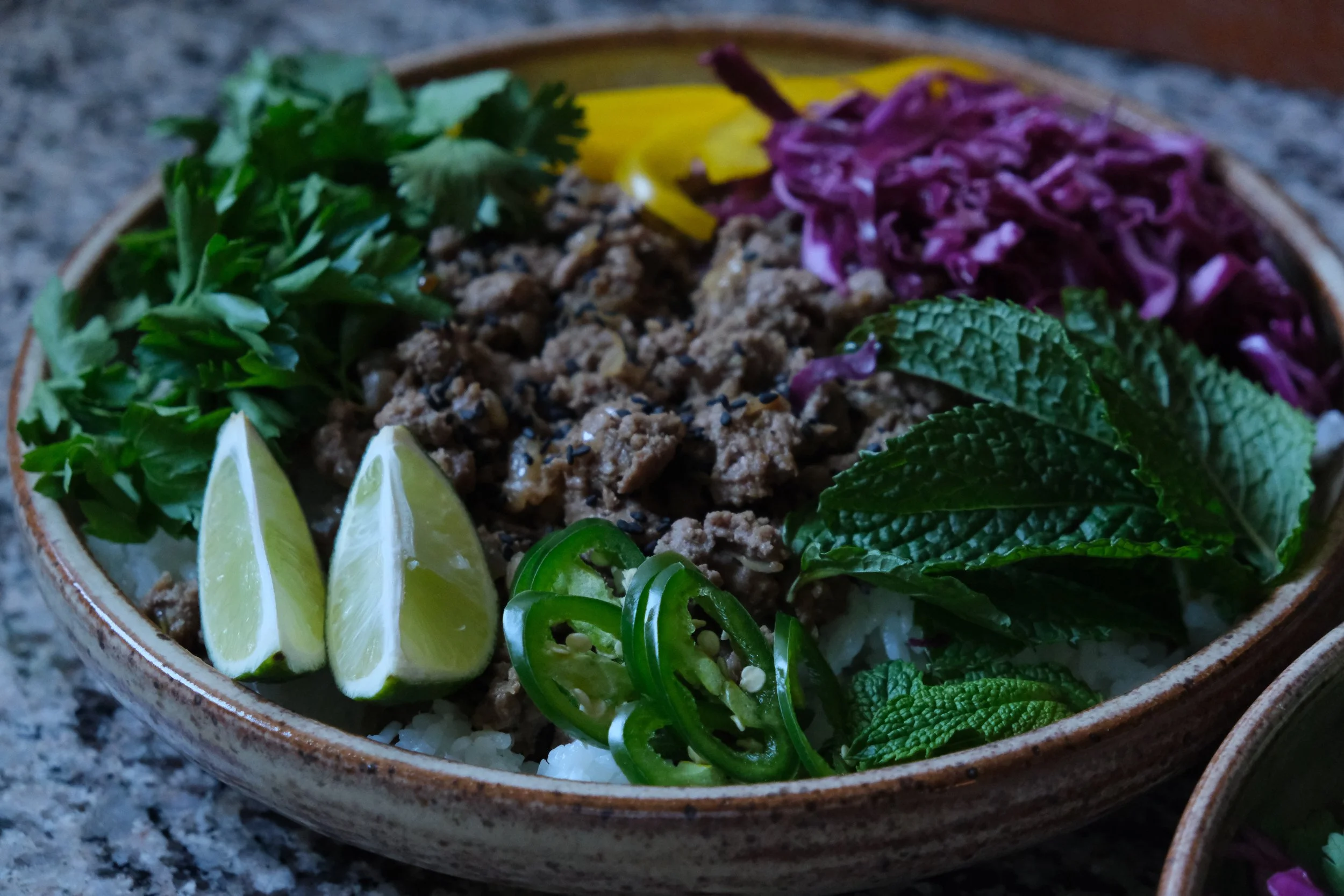 Wild boar and rice with fresh herbs