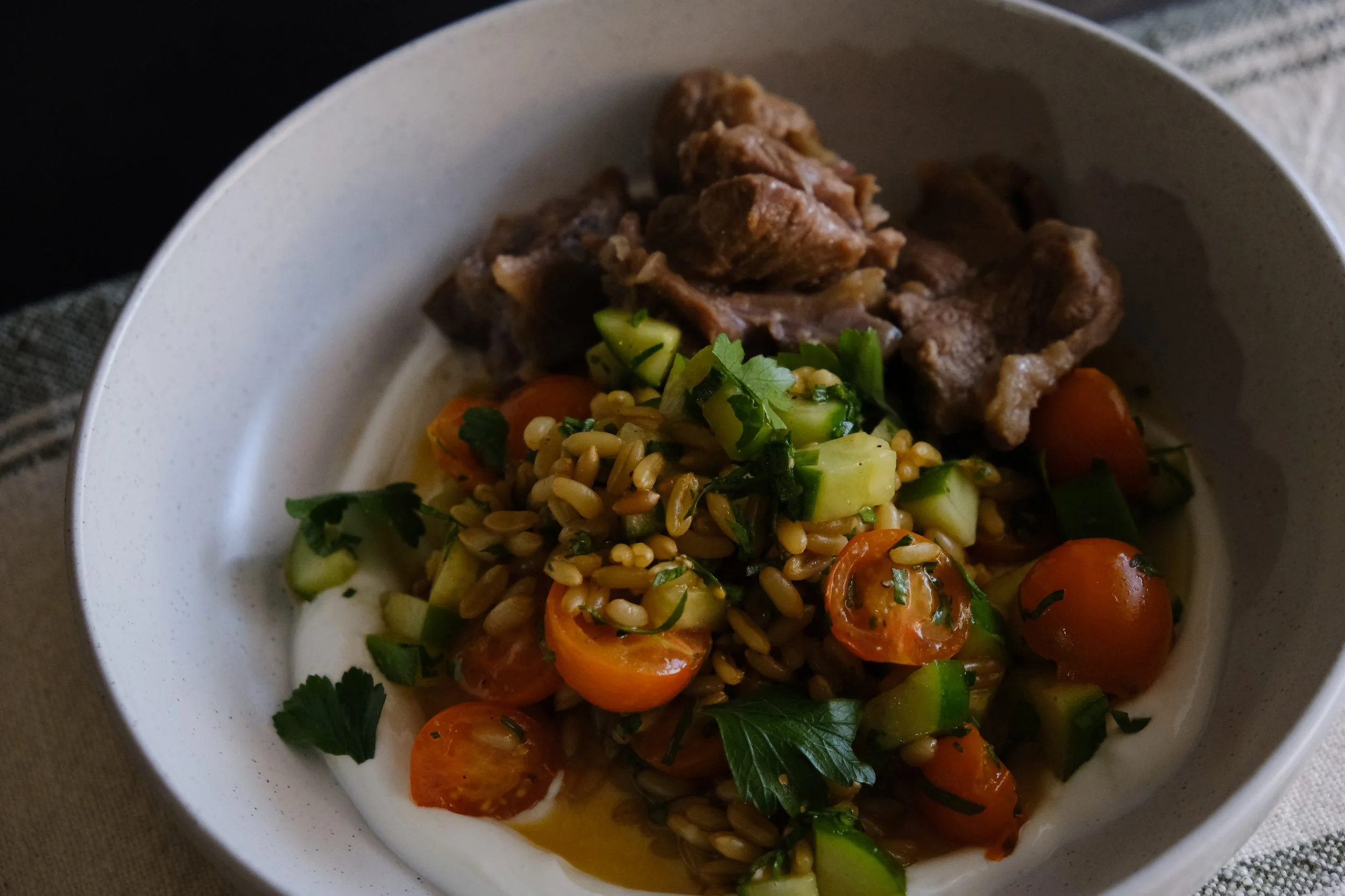 lamb shank stew with fresh tomatoes, faro, and yogurt