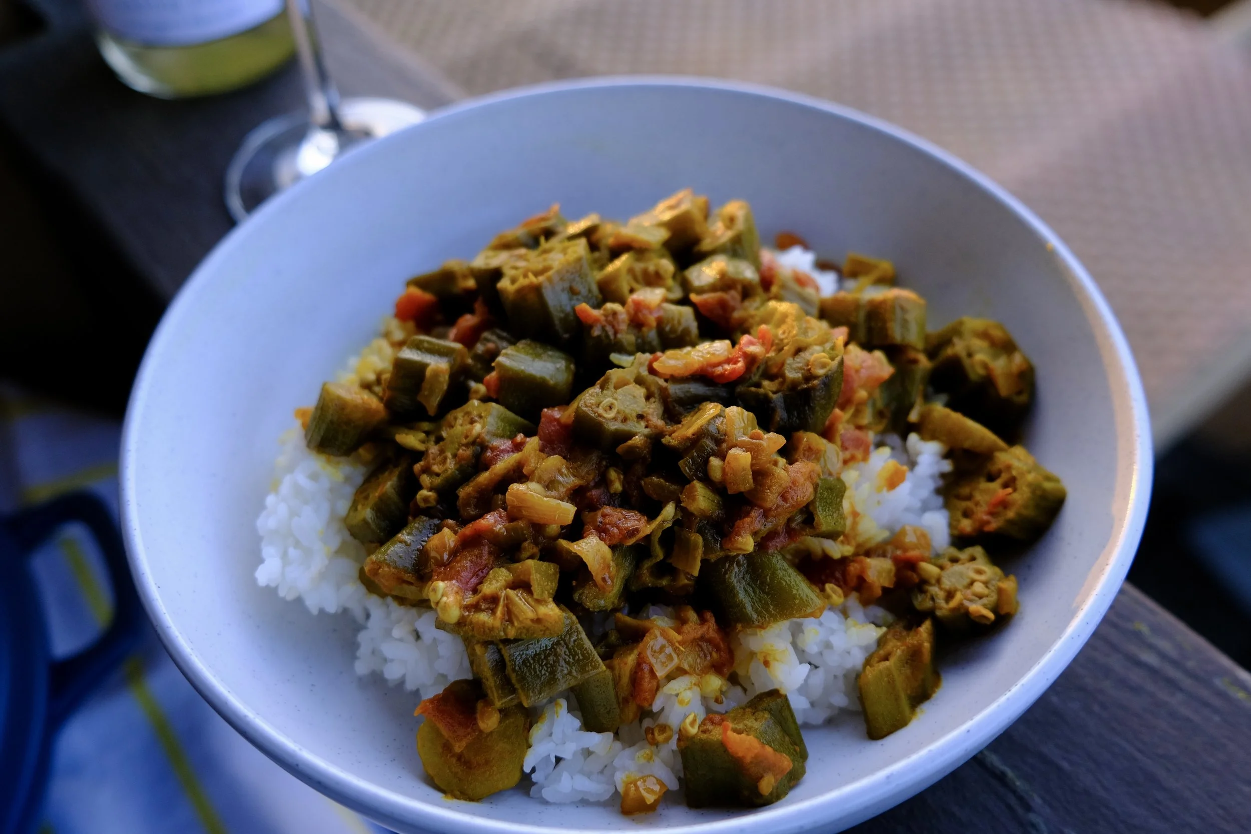 Okra curry served over rice