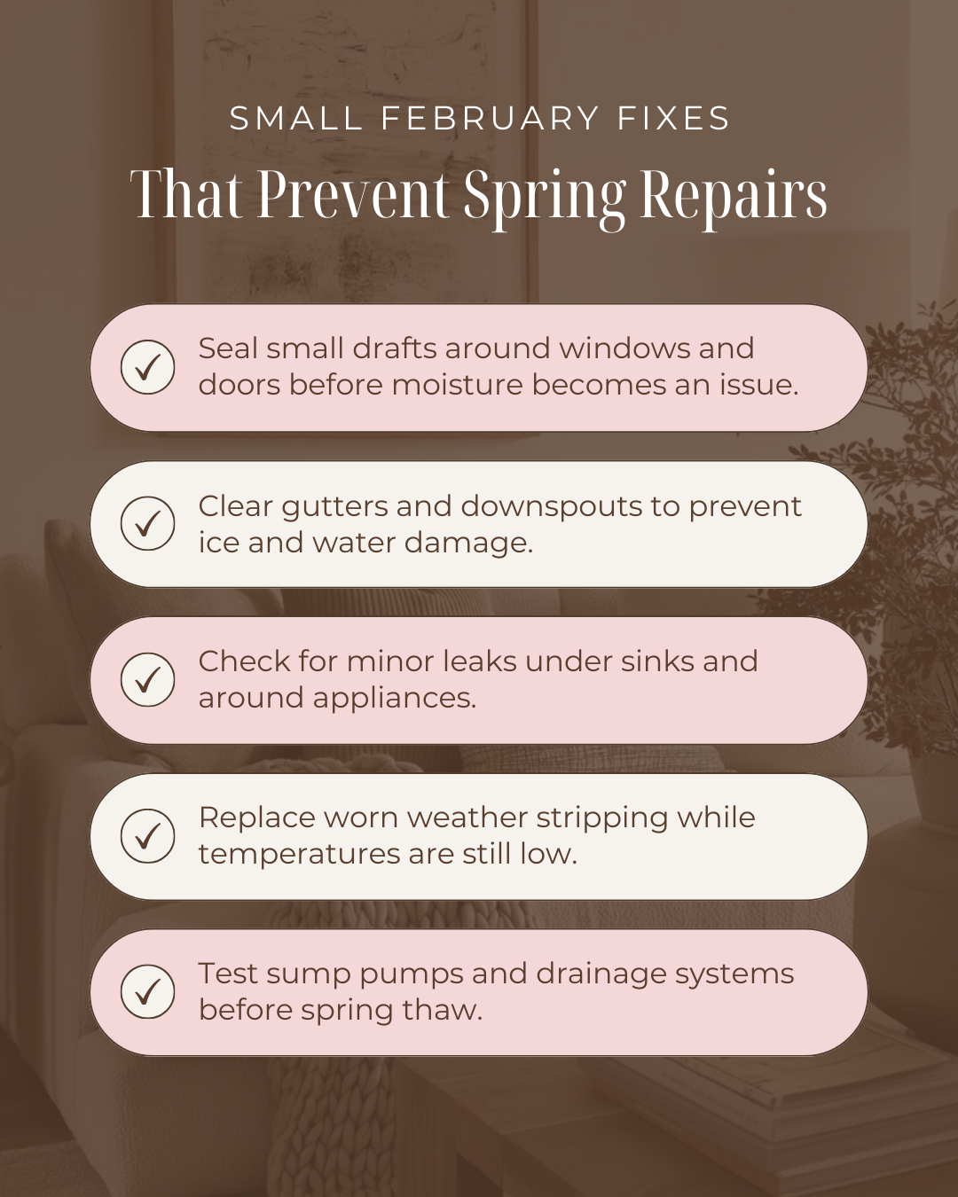 Taking care of small fixes in February can save you from bigger, costlier repairs in the spring. A little preventative maintenance now helps protect your home’s value and keeps everything running smoothly as the seasons change. #CanadianMortgages #Mo