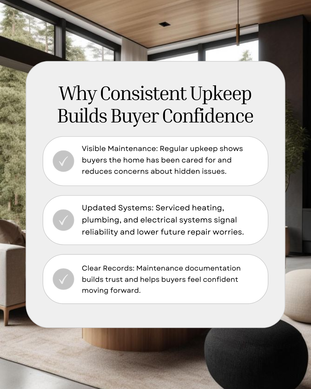 Consistent upkeep sends a clear message to buyers: this home has been cared for. When maintenance is visible and well-documented, it builds trust, reduces hesitation, and makes buyers more confident moving forward. #Realtor #CanadianRealtor #Investme