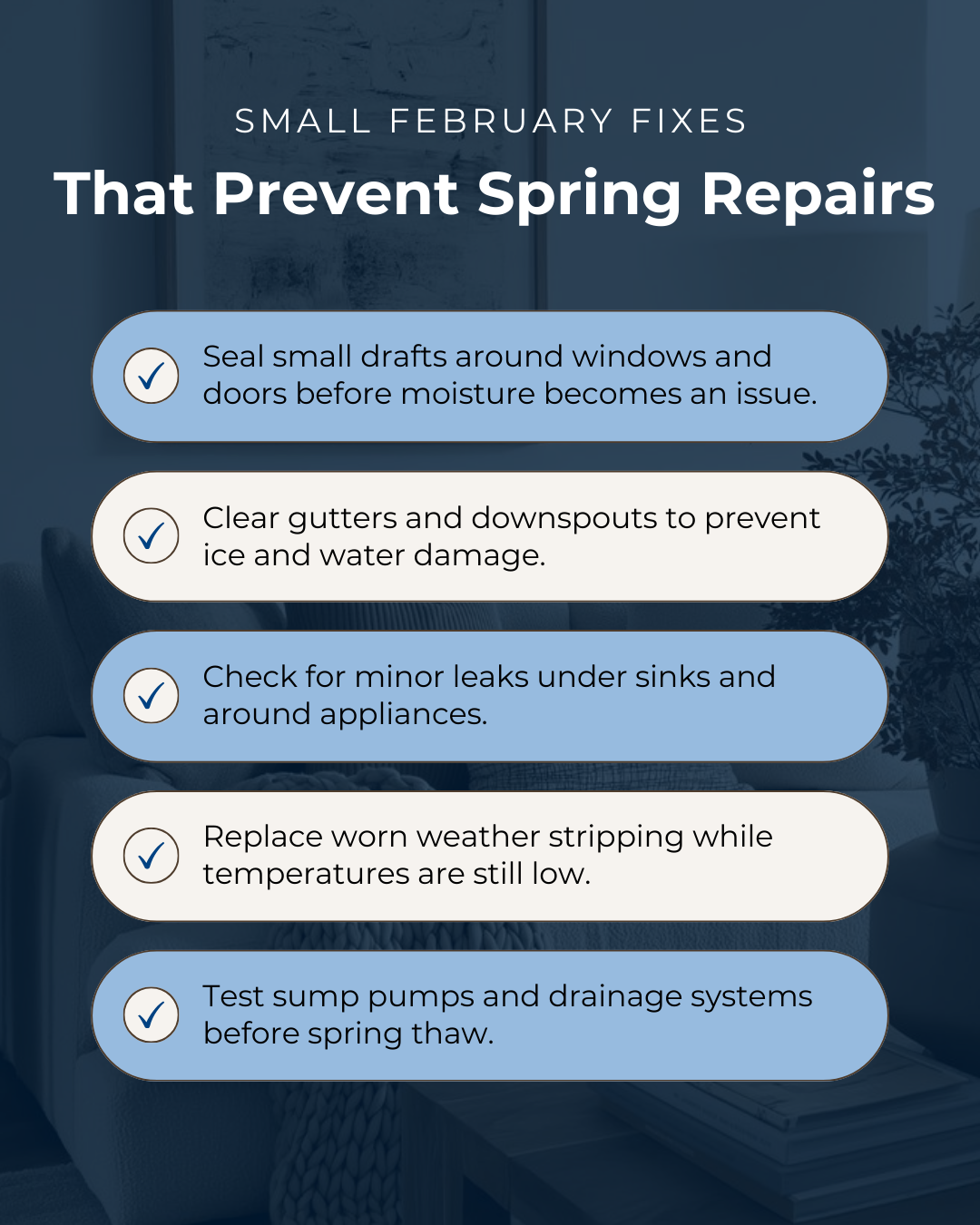 Taking care of small fixes in February can save you from bigger, costlier repairs in the spring. A little preventative maintenance now helps protect your home’s value and keeps everything running smoothly as the seasons change. #CanadianMortgages #Mo