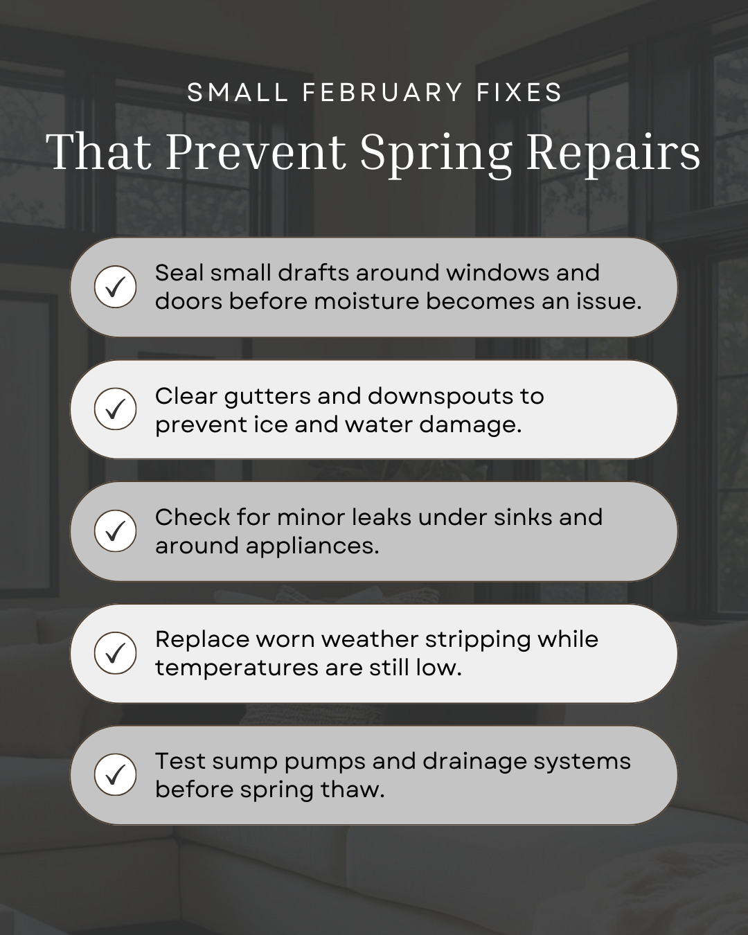 Taking care of small fixes in February can save you from bigger, costlier repairs in the spring. A little preventative maintenance now helps protect your home’s value and keeps everything running smoothly as the seasons change. #CanadianMortgages #Mo