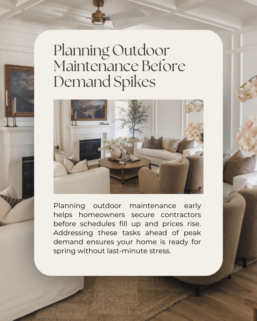 Outdoor maintenance gets booked fast once spring arrives. Planning ahead gives you more options, better timing, and peace of mind as the season changes.

#Realtor #CanadianRealtor #Investment #DreamHome #MarketTrends #PropertyListing #ForSale #MLS