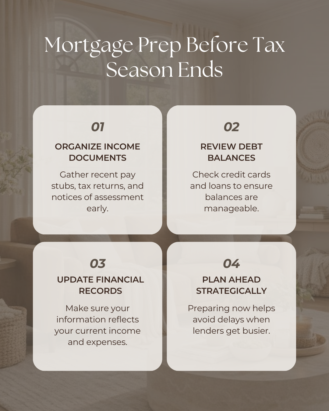 Tax season is a smart time to get mortgage-ready. Organizing documents and reviewing finances now can make approvals smoother and less stressful later.

#CanadianMortgages #MortgageBrokersCA #HomeFinancingCanada #MortgageAdvice #FinancialFreedom #Fir