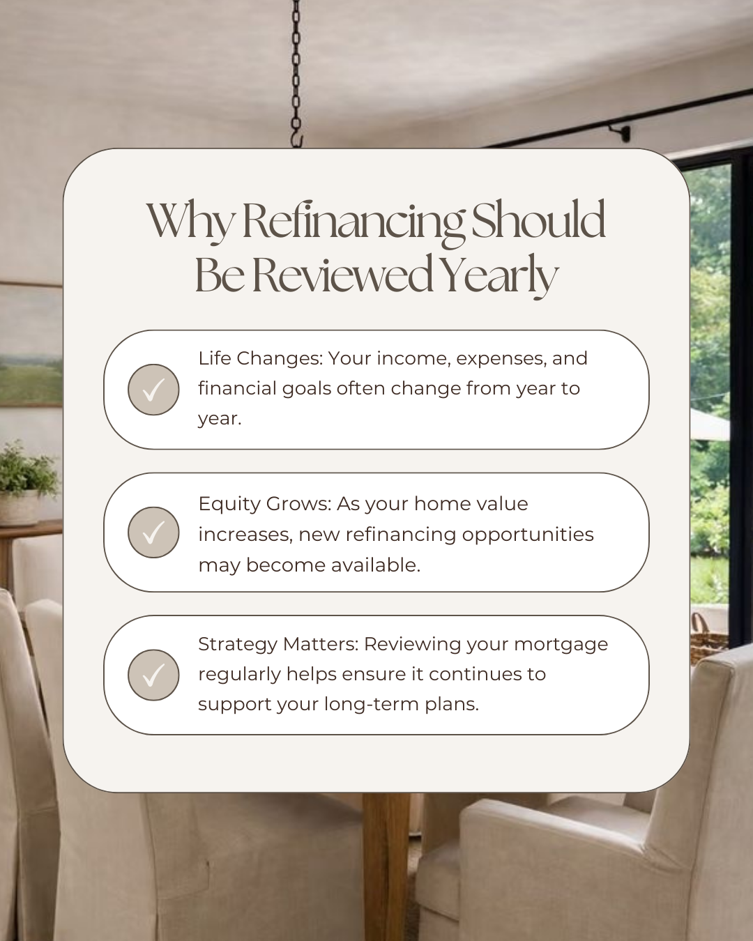 Your mortgage should evolve as your life and finances do. Reviewing refinancing options yearly helps you stay aligned with your goals, take advantage of growing equity, and avoid missing opportunities.

#CanadianMortgages #MortgageBrokersCA #HomeFina