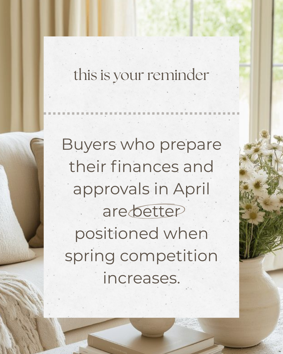 The spring market moves quickly, and preparation creates opportunity. Taking time now to organize finances and approvals can help buyers move forward with more confidence when the market becomes more active.

#HomeBuyingTips #PropertyMarket #HousingM