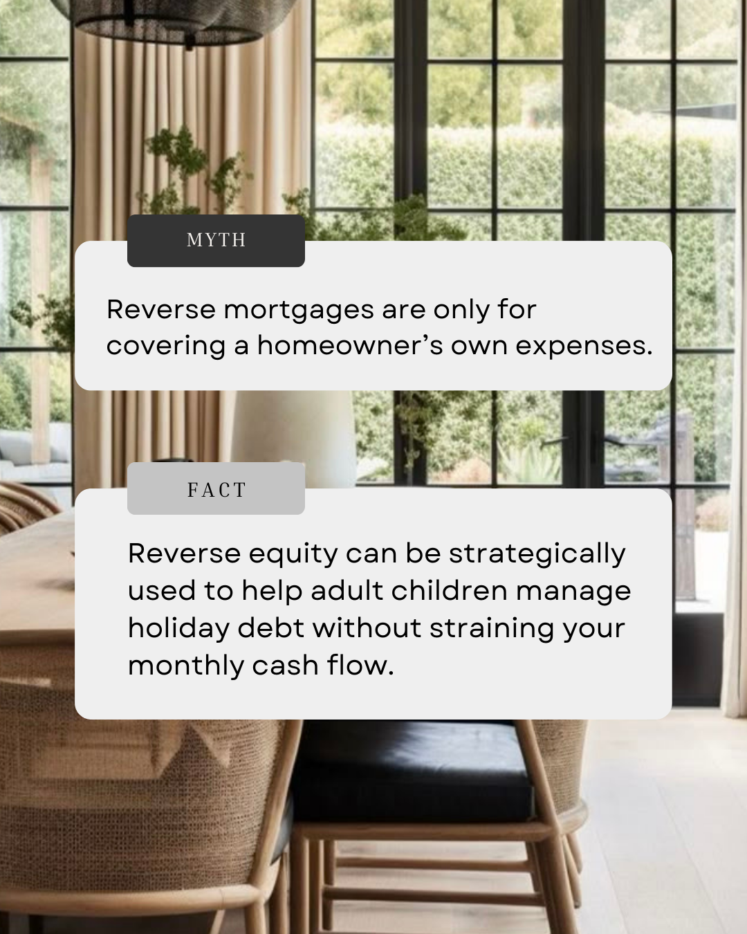 The holiday season can bring financial pressure for families—and reverse equity can offer support without adding monthly payments. If you’re considering helping your adult children get back on track, using your home’s equity wisely can create breathi