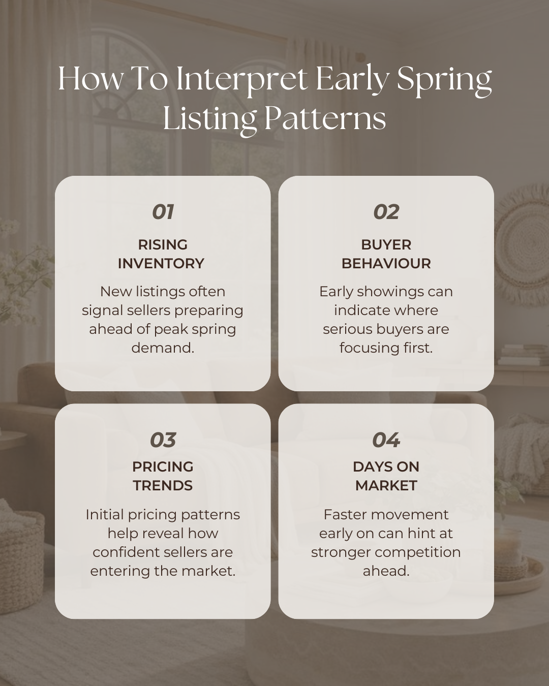 Early spring listings offer valuable insight into where the market may be headed. Paying attention to inventory, pricing, and buyer activity now helps shape smarter decisions as the season picks up.

#Realtor #CanadianRealtor #Investment #DreamHome #