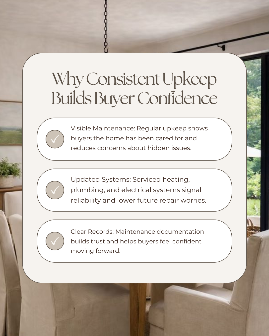 Consistent upkeep sends a clear message to buyers: this home has been cared for. When maintenance is visible and well-documented, it builds trust, reduces hesitation, and makes buyers more confident moving forward.

#Realtor #CanadianRealtor #Investm