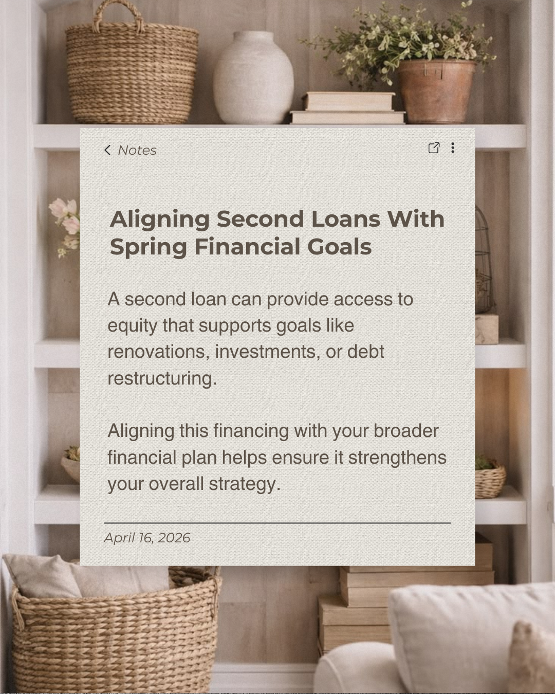 Spring is a natural time to reset financial goals and review your options. When structured thoughtfully, second loans can help turn plans into progress while keeping your finances balanced.

#HomeBuyingTips #PropertyMarket #HousingMarket #HomeOwnersh