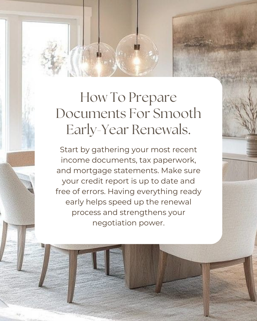 Renewals run smoother when your documents are organized early in the year. A little prep now can save time, reduce stress, and help you secure better terms. Let’s make your renewal as easy—and strategic—as possible.

#CanadianMortgages #MortgageBroke