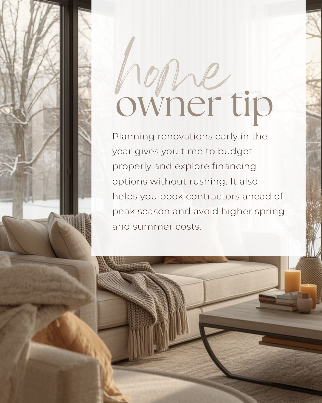 Early planning makes renovations smoother and more affordable. When you plan ahead, you protect your budget, timeline, and long-term home value—before busy season hits.

#CanadianBroker #CanadianAgent #HomeLoan #Investment #Finance #MortgageRate #Cre