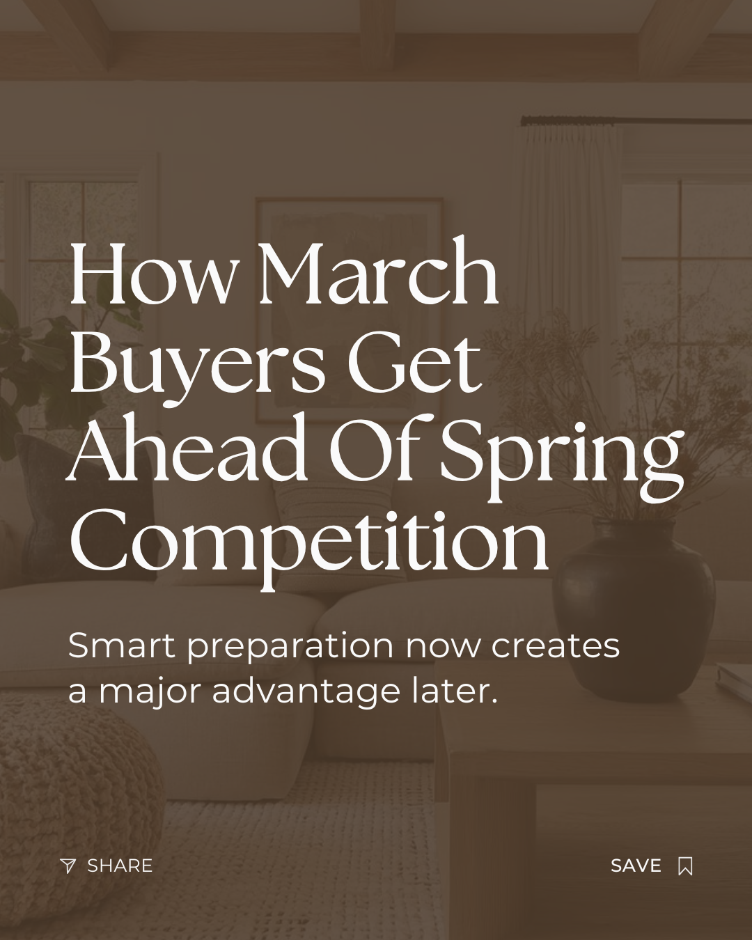 Spring competition doesn’t reward last-minute buyers, it rewards prepared ones. March is the time to get pre-approved, organize finances, and build a clear plan so you can move confidently when listings increase. Preparation is often the real advanta