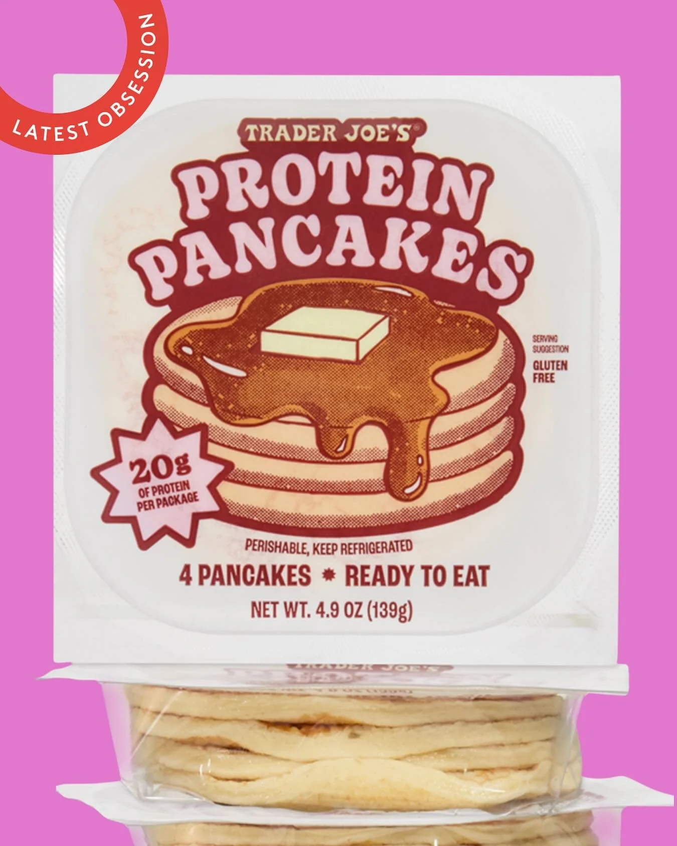 These pancakes have 20g protein *secretly* gluten free (see the tiny type) and only take 1 min in the microwave to heat up! So easy and so good. 

Photo by @traderjoes 

Have you tried them yet?