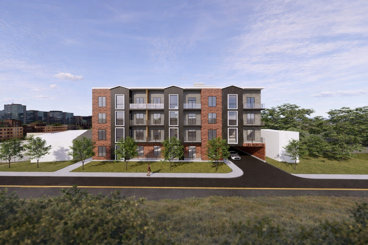 Digital rendering of a modern multi-story apartment building with brick, black, and gray exterior, balconies, surrounding trees, sidewalk, and a person walking by, sign reads '181 Burton' near parking entrance.