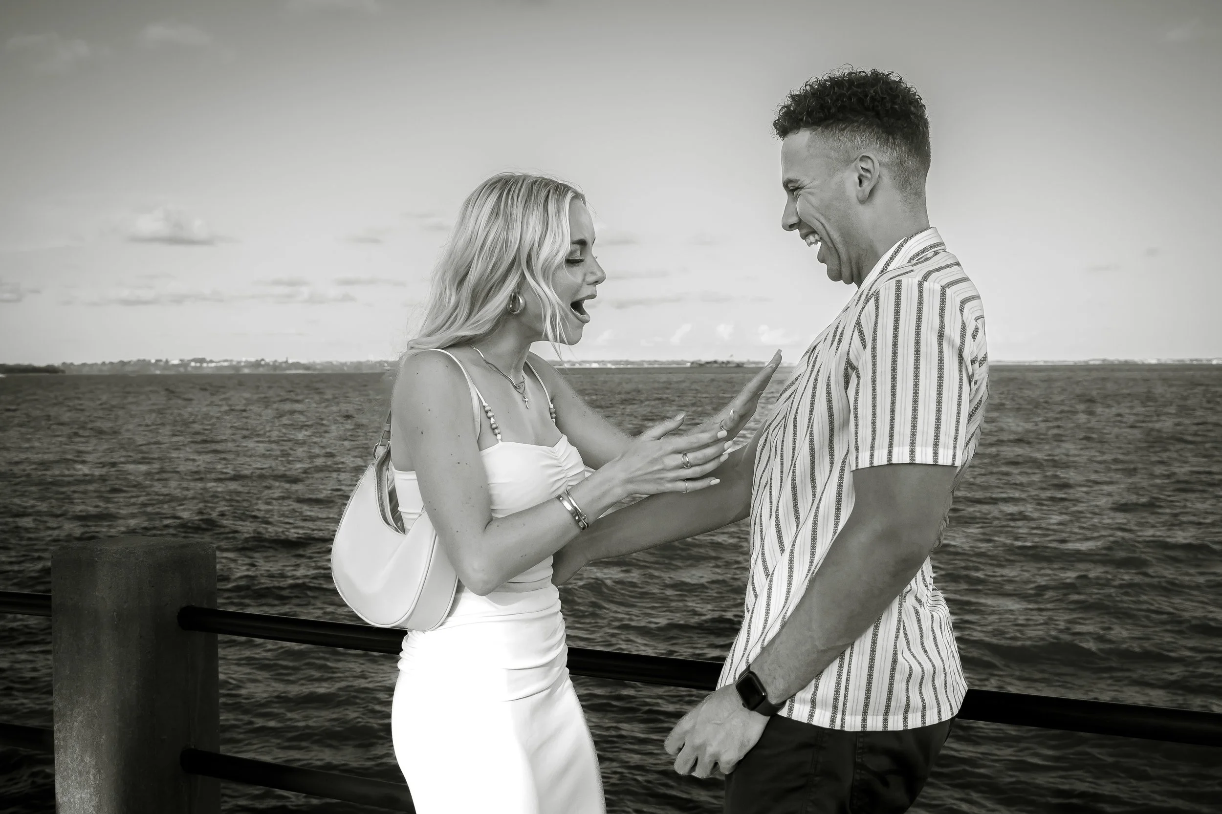 black and white surprise proposal engagement battery Charleston sc