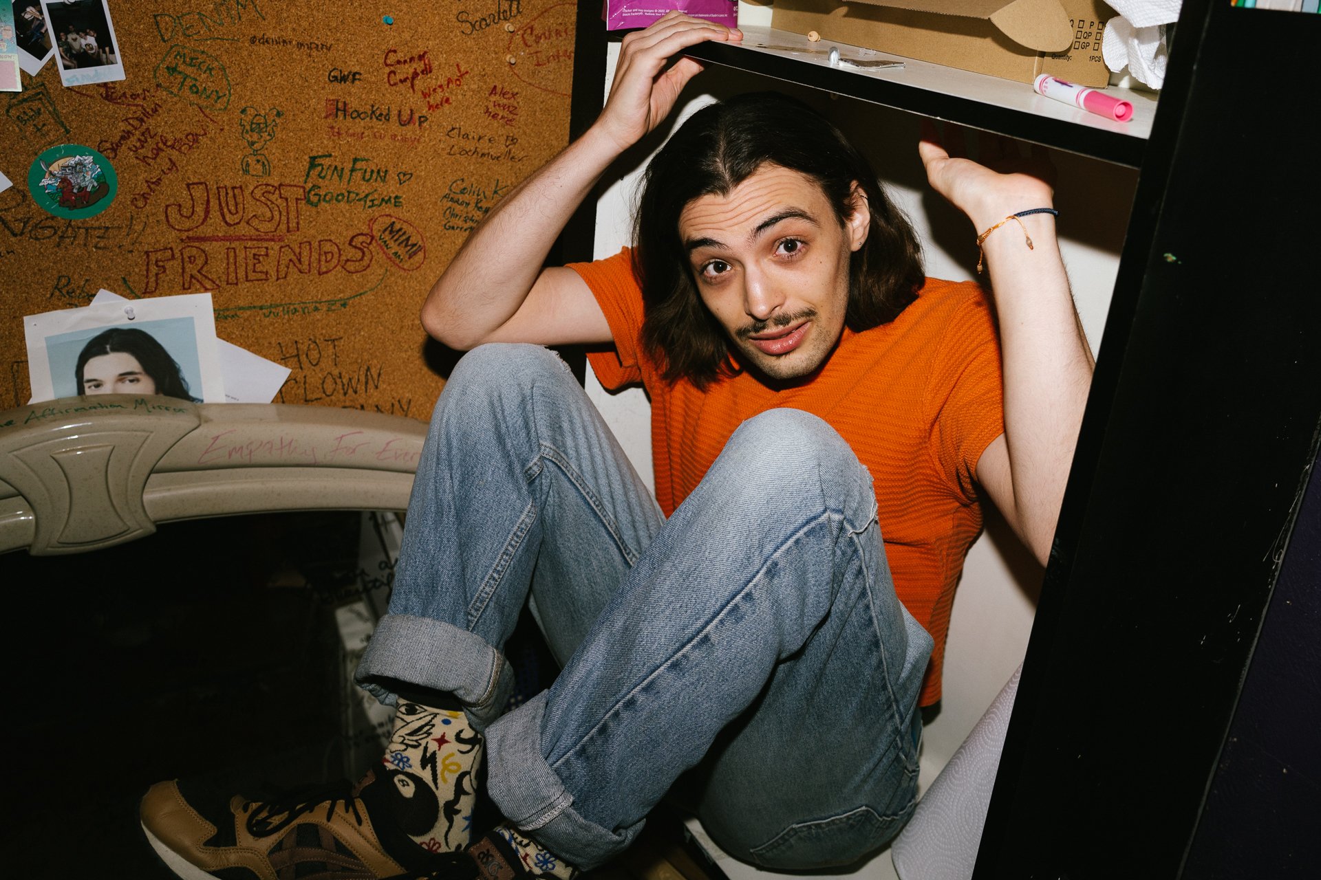Backstage comedy show portrait.