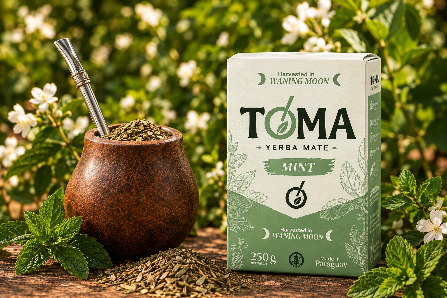 250 gram packs of gluten free agroecologically produced yerba mate flavored with mint imported from paraguay