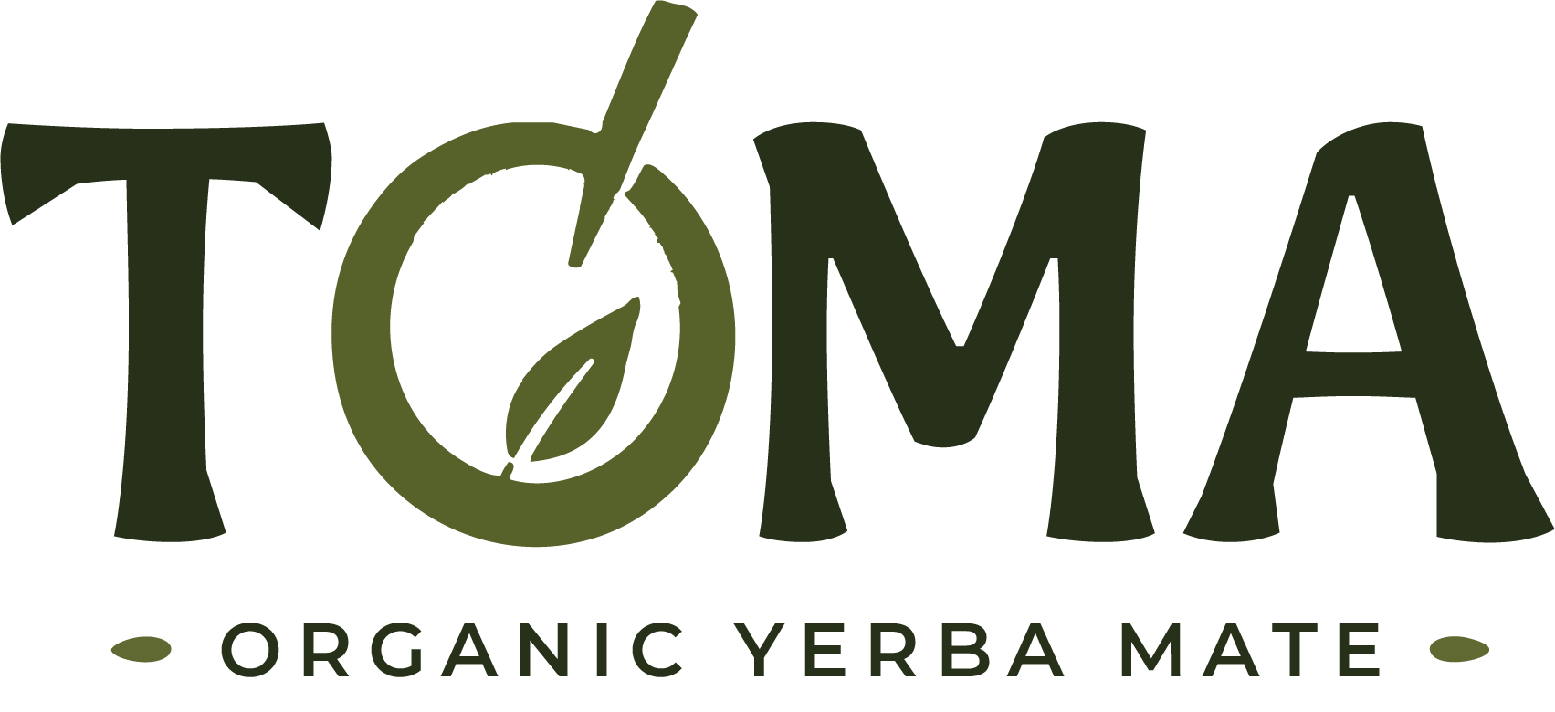 Logo with the word 'TOMA' in large green letters, a leaf inside the 'O', and the phrase 'Organic Yerba Mate' beneath.