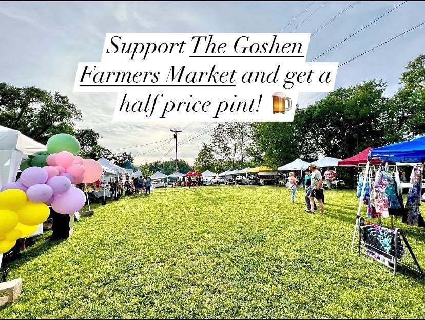 It&rsquo;s one of our favorite days of the week! Not only will our taproom be open, and our pickin&rsquo; circle pickin&rsquo;, but our community farmers market is open 4:30-7pm. Stop by the The Goshen Farmers Market booth to get a sticker showing pr