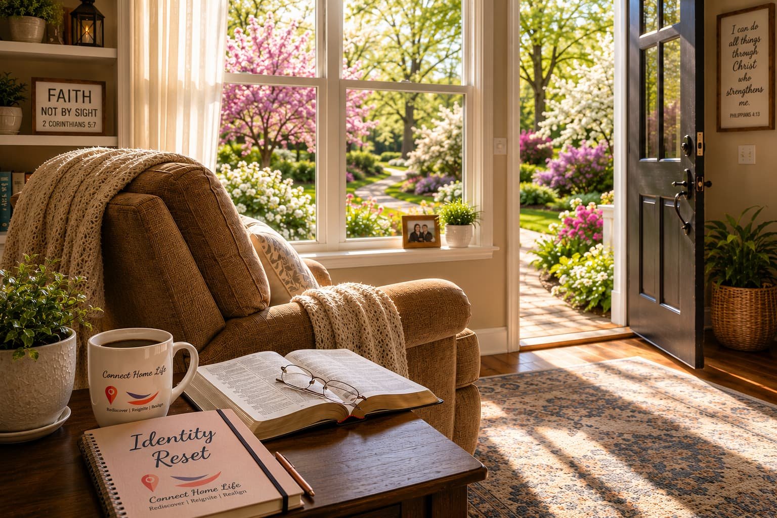 Warm, inviting living room with an open Bible, journal, and coffee beside a comfortable chair overlooking a vibrant spring landscape in full bloom, symbolizing God's invitation to move beyond fear into a new season of purpose.