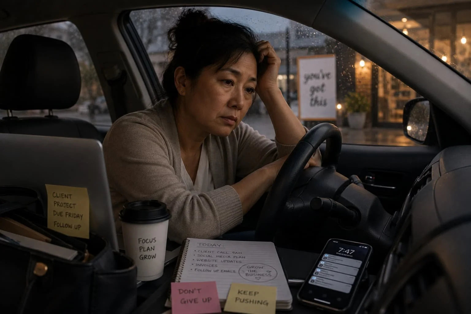 Middle-aged female entrepreneur sitting alone in a parked car at dusk, emotionally drained after work while carrying the ongoing pressure and exhaustion of chronic responsibility.