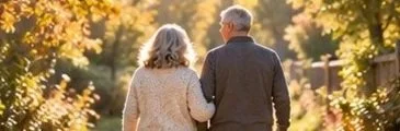 A mature couple walks together along a peaceful, sunlit path.
