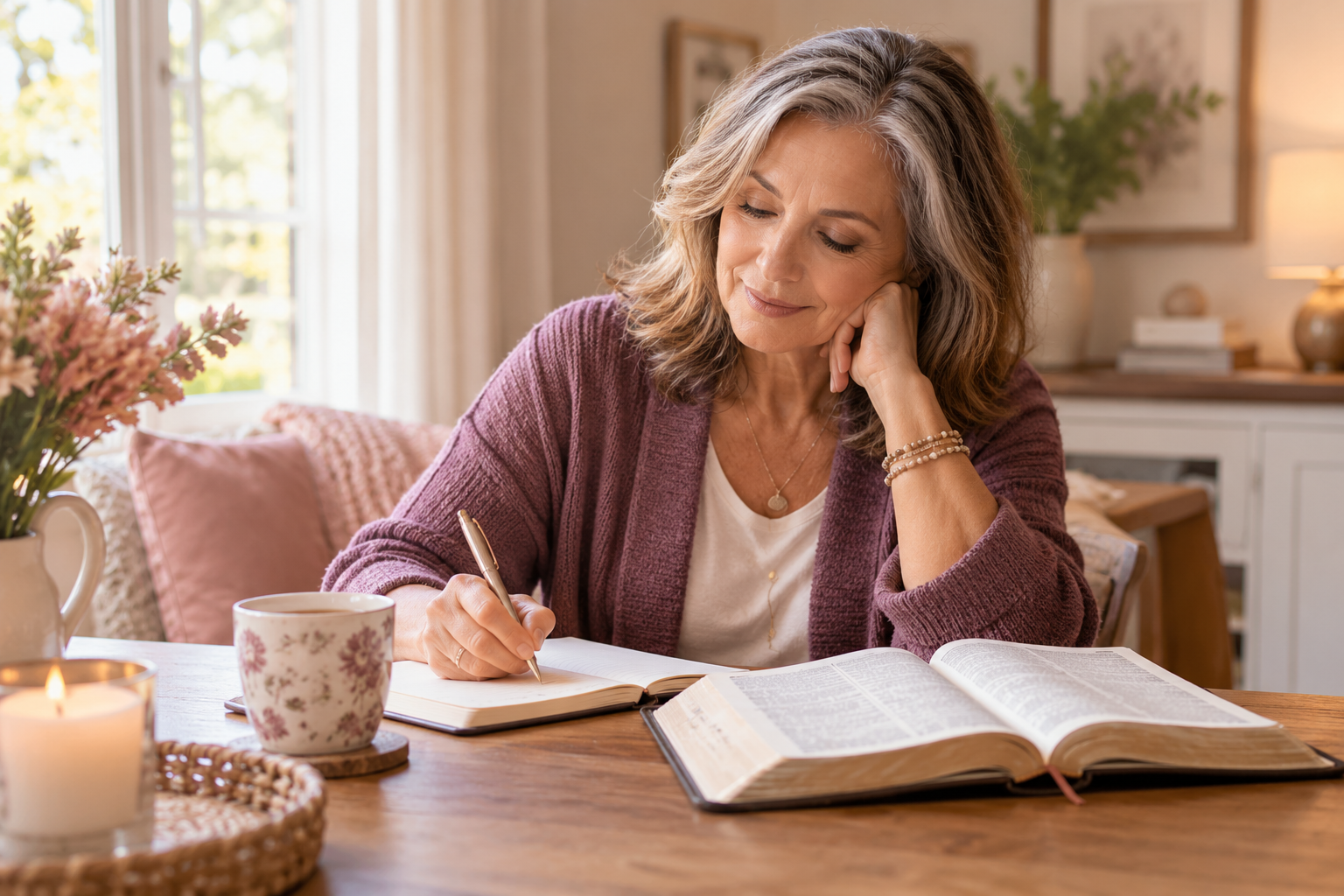 Woman journaling and reflecting on faith, purpose, and her next chapter in midlife