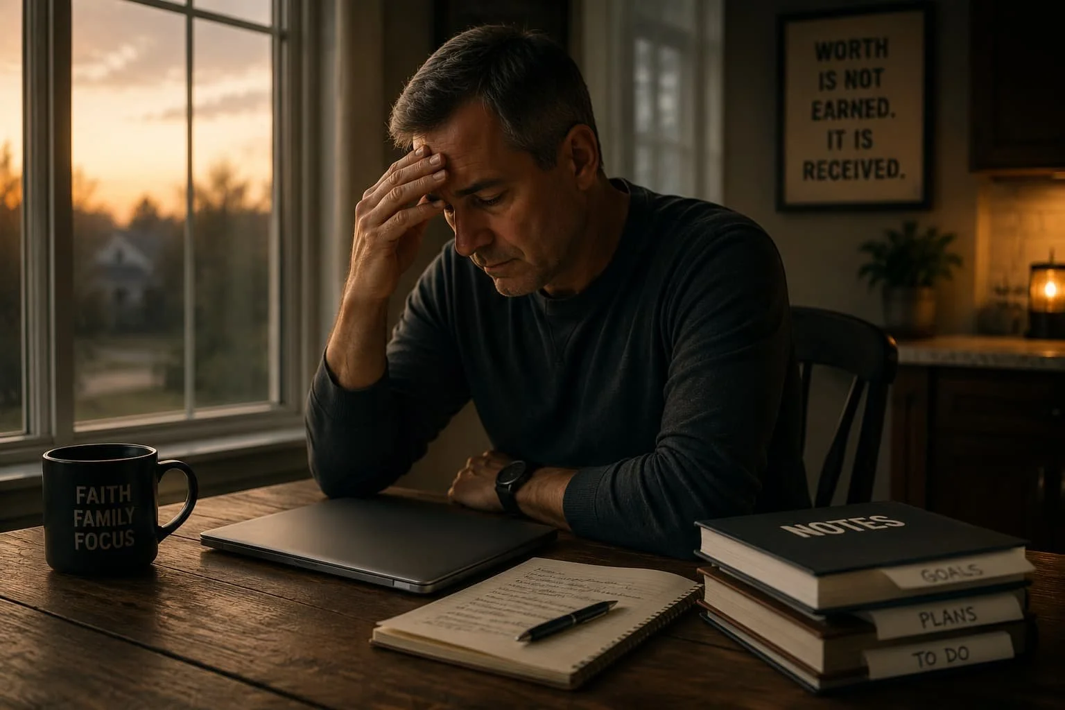 Man sitting alone in a softly lit kitchen feeling the emotional weight of constant performance and responsibility.