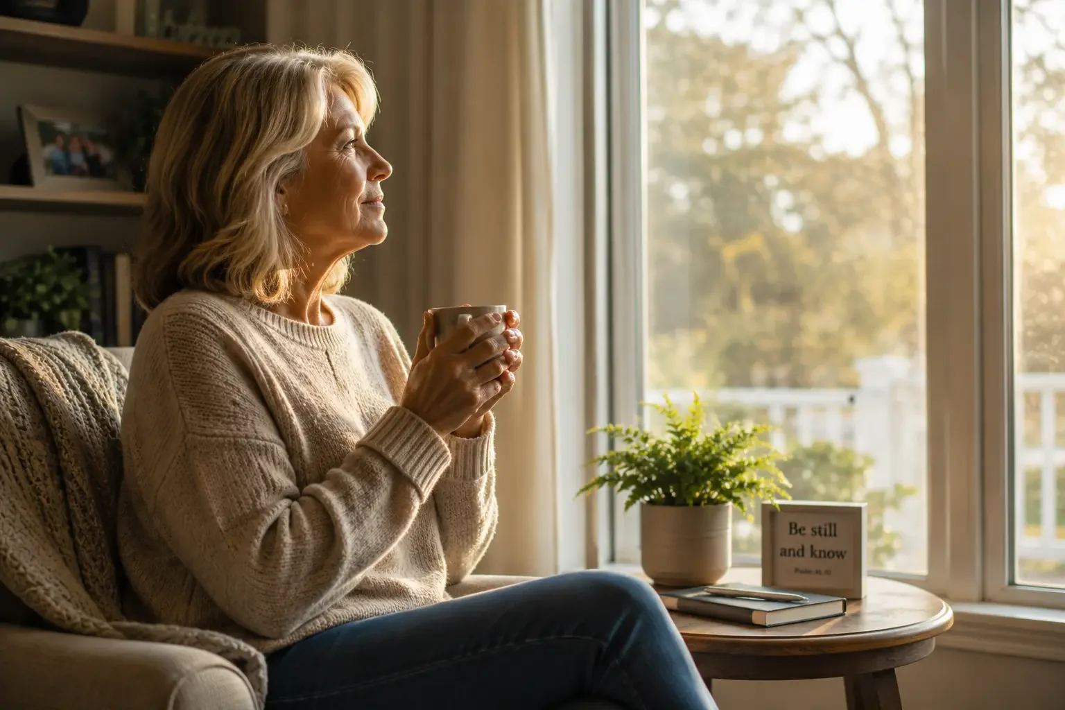 Older adult sitting quietly by a window holding coffee in soft morning light during a reflective empty nest season.