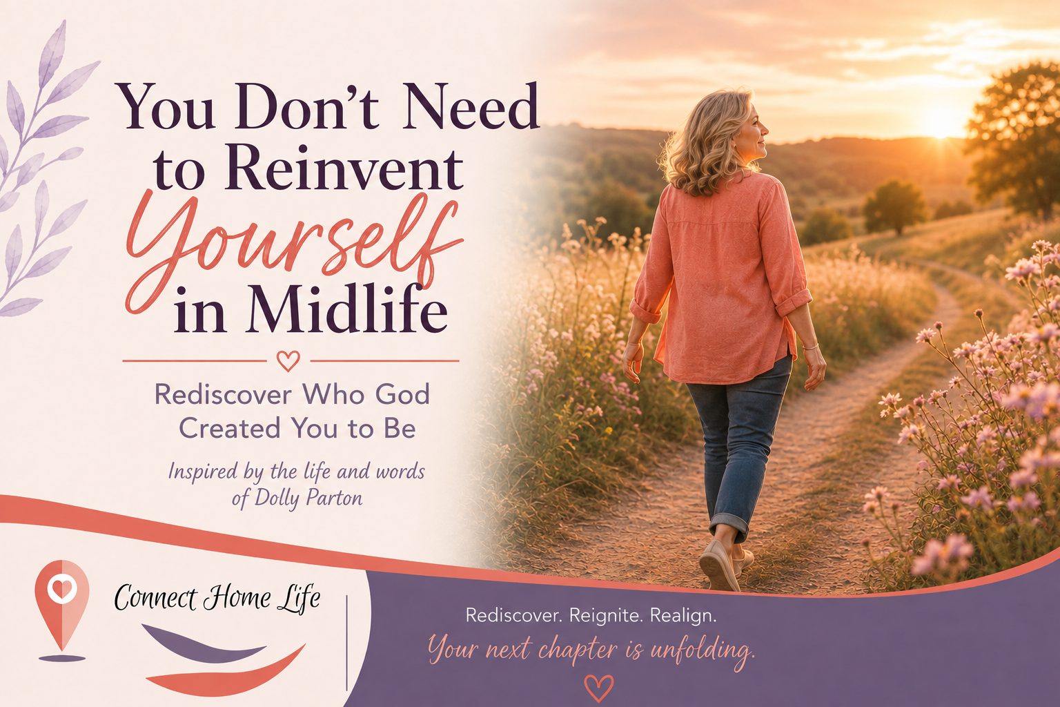 Midlife woman walking through a sunlit wildflower meadow, symbolizing rediscovery, faith, and purpose in a new season.