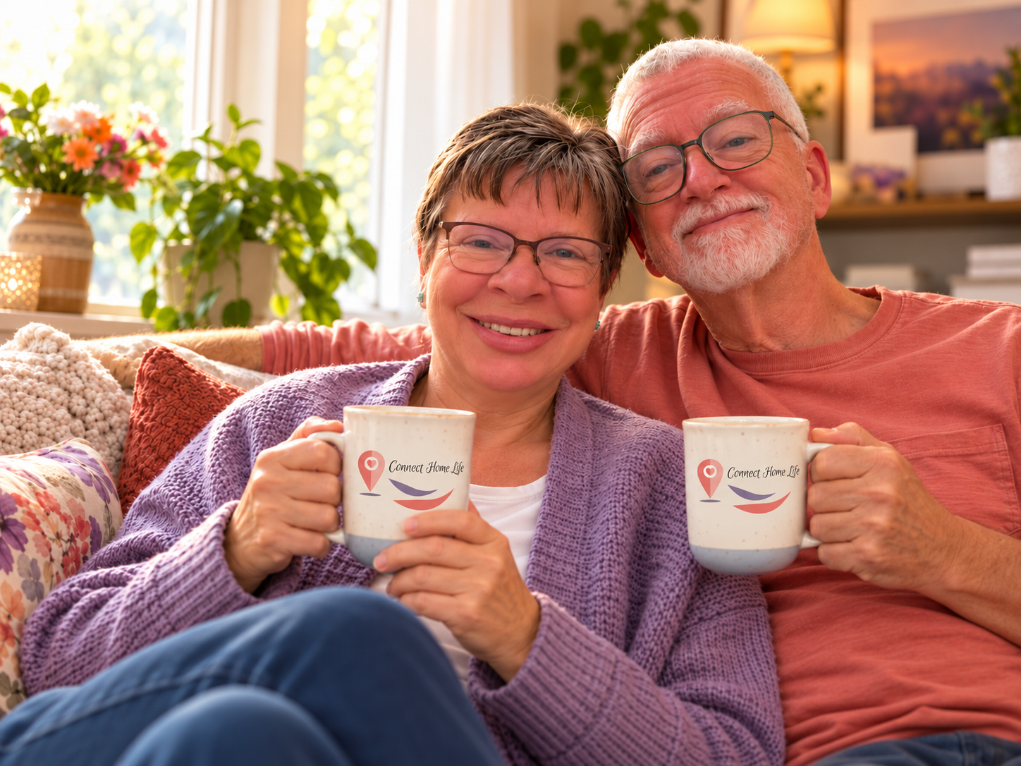 Jo and Beecher Wilhelm sitting together on a cozy sofa, enjoying coffee and conversation during their empty-nest years.