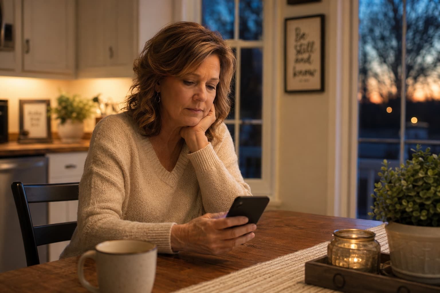 Middle-aged woman sitting quietly at a kitchen table reading a text message in soft evening light during the empty nest season.